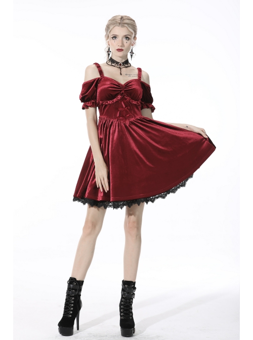 Gothic Lady Off Shoulder Pleated Lace Design Velvet Red Party Dress