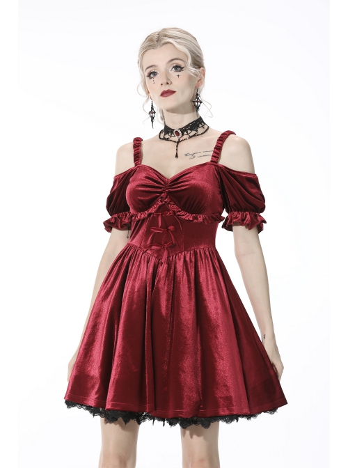Gothic Lady Off Shoulder Pleated Lace Design Velvet Red Party Dress