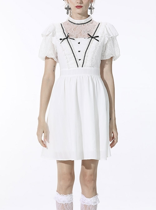 Gothic Pleated Lace Design  Princess White Puff Sleeves Dress