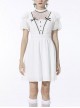 Gothic Pleated Lace Design  Princess White Puff Sleeves Dress