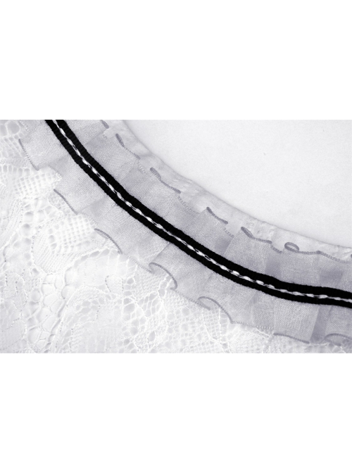 Gothic Pleated Lace Design  Princess White Puff Sleeves Dress
