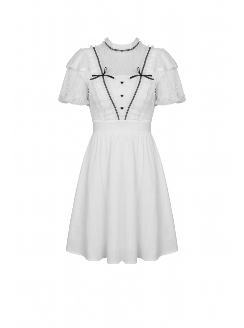 Gothic Pleated Lace Design  Princess White Puff Sleeves Dress