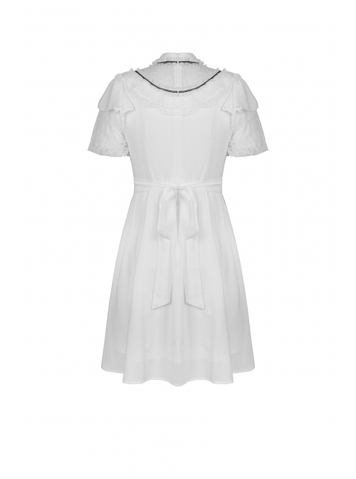 Gothic Pleated Lace Design  Princess White Puff Sleeves Dress