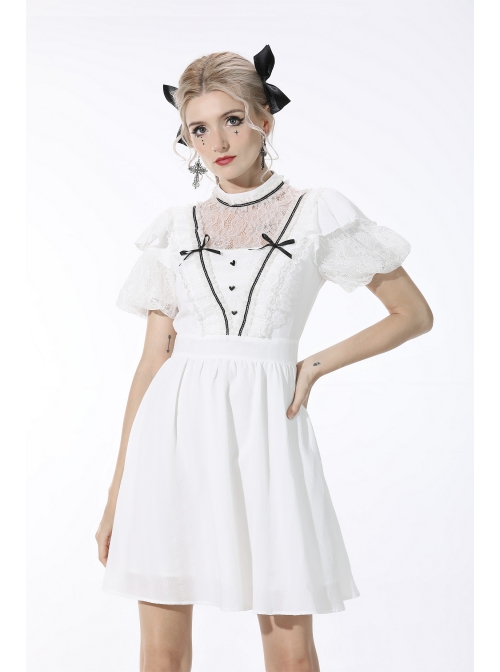 Gothic Pleated Lace Design  Princess White Puff Sleeves Dress