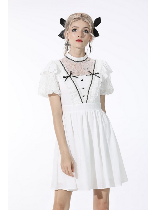 Gothic Pleated Lace Design  Princess White Puff Sleeves Dress
