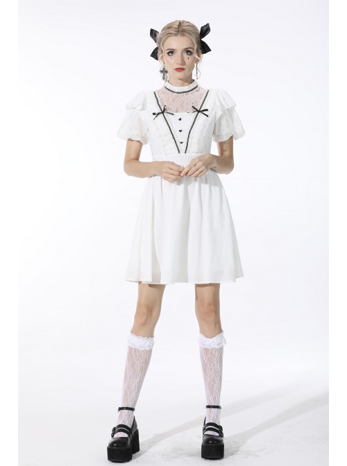 Gothic Pleated Lace Design  Princess White Puff Sleeves Dress
