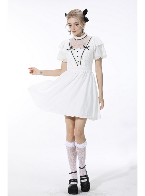 Gothic Pleated Lace Design  Princess White Puff Sleeves Dress