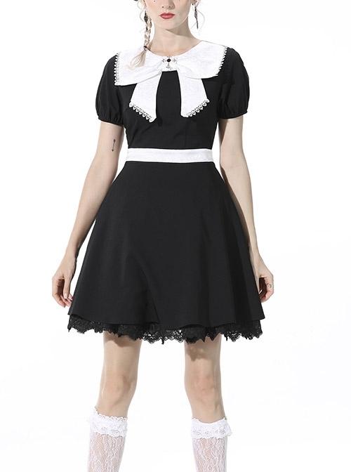 Black Lolita White Lace Big Bow Collar Short Sleeve Dress