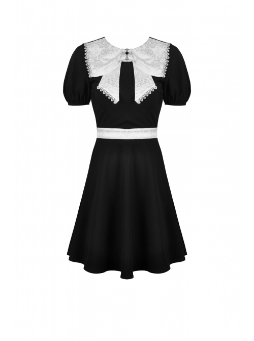 Black Lolita White Lace Big Bow Collar Short Sleeve Dress