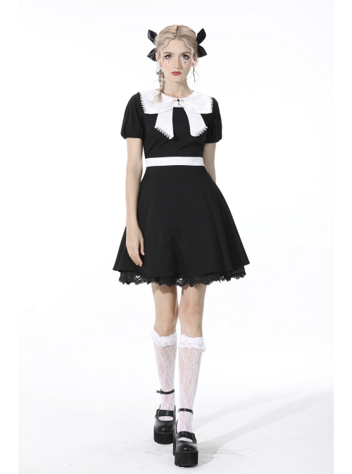 Black Lolita White Lace Big Bow Collar Short Sleeve Dress