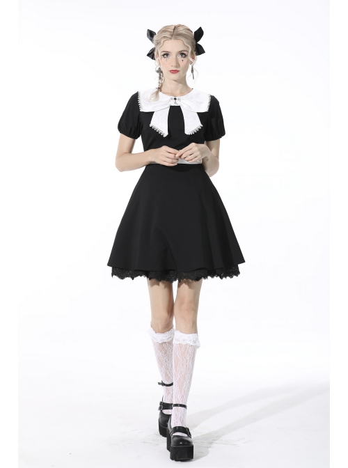 Black Lolita White Lace Big Bow Collar Short Sleeve Dress