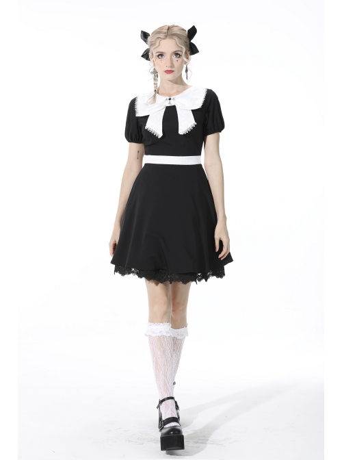 Black Lolita White Lace Big Bow Collar Short Sleeve Dress