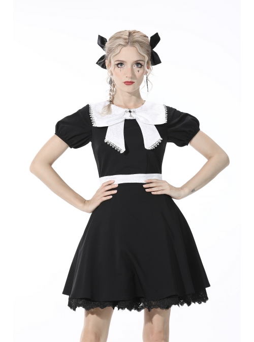 Black Lolita White Lace Big Bow Collar Short Sleeve Dress