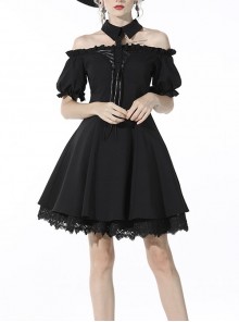 Black Gothic Lolita Strap Design Pleated Lace Hang Neck Off Shoulder Dress