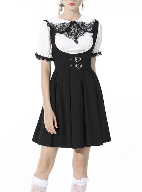 Gothic The heart Drip Lace Decoration Large Lapel Bandage Black  Blouse