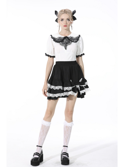 Gothic The heart Drip Lace Decoration Large Lapel Bandage Black  Blouse