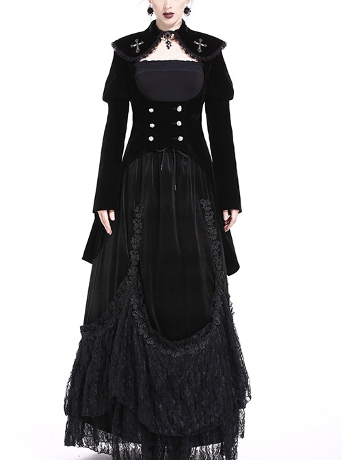 Gothic Cross Decoration Double-Breasted Design Frilled Lace Lapel Long Velvet Black Jacket