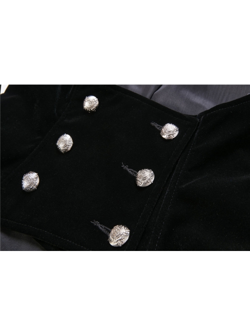 Gothic Cross Decoration Double-Breasted Design Frilled Lace Lapel Long Velvet Black Jacket