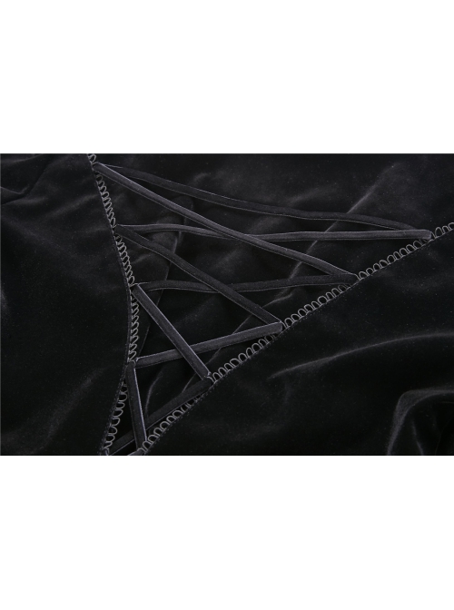 Gothic Cross Decoration Double-Breasted Design Frilled Lace Lapel Long Velvet Black Jacket