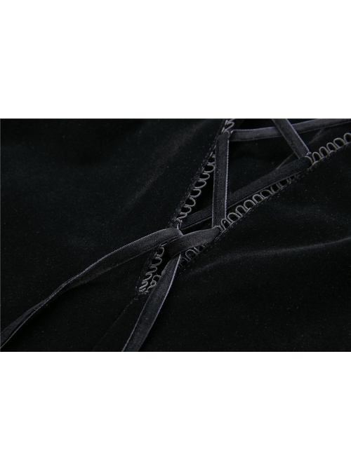 Gothic Cross Decoration Double-Breasted Design Frilled Lace Lapel Long Velvet Black Jacket