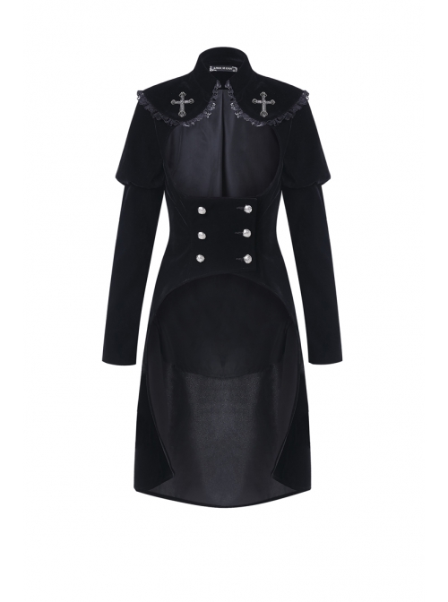 Gothic Cross Decoration Double-Breasted Design Frilled Lace Lapel Long Velvet Black Jacket