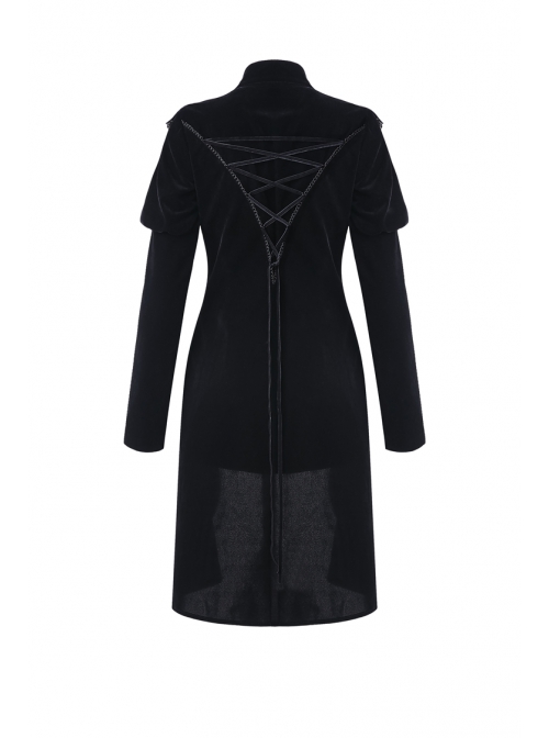Gothic Cross Decoration Double-Breasted Design Frilled Lace Lapel Long Velvet Black Jacket