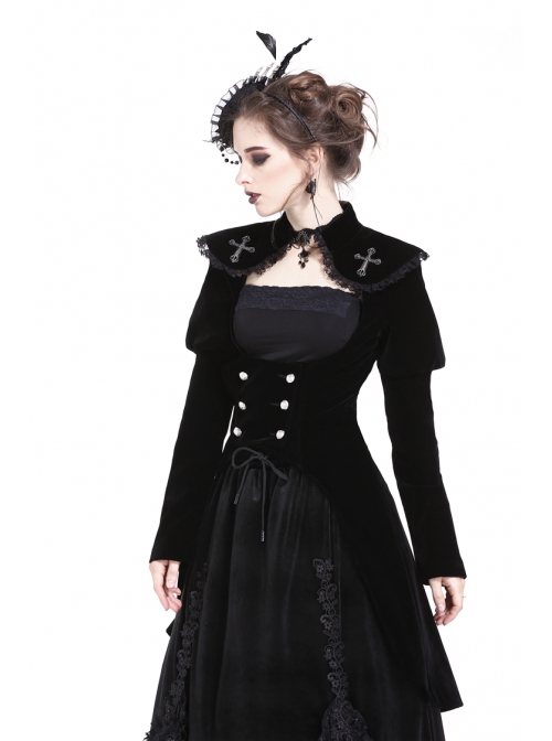 Gothic Cross Decoration Double-Breasted Design Frilled Lace Lapel Long Velvet Black Jacket