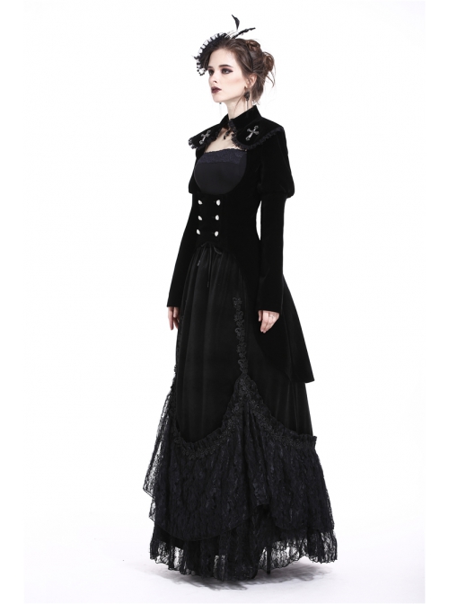 Gothic Cross Decoration Double-Breasted Design Frilled Lace Lapel Long Velvet Black Jacket