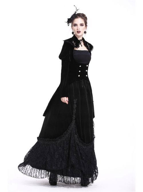 Gothic Cross Decoration Double-Breasted Design Frilled Lace Lapel Long Velvet Black Jacket