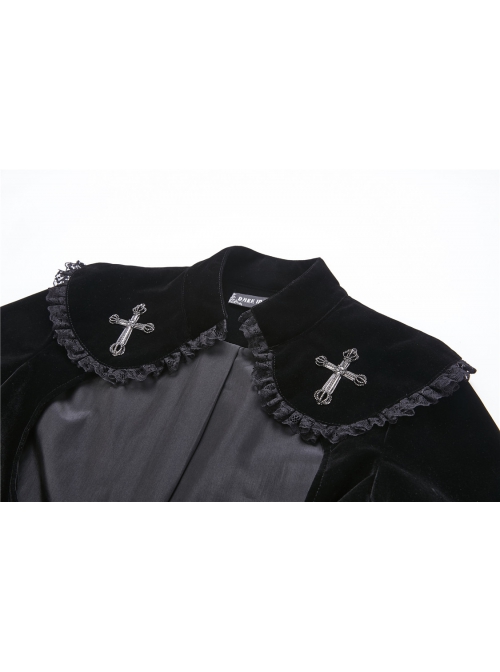Gothic Cross Decoration Double-Breasted Design Frilled Lace Lapel Long Velvet Black Jacket