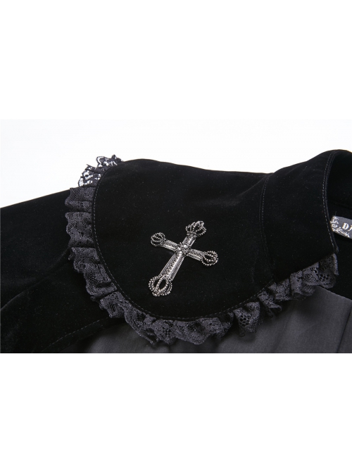 Gothic Cross Decoration Double-Breasted Design Frilled Lace Lapel Long Velvet Black Jacket
