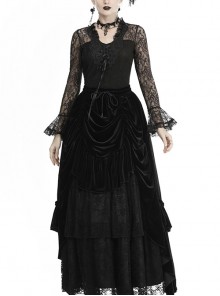 Gothic Queen Ruffle Stitching Lace Elastic Band Design Black Long Velvet Skirt