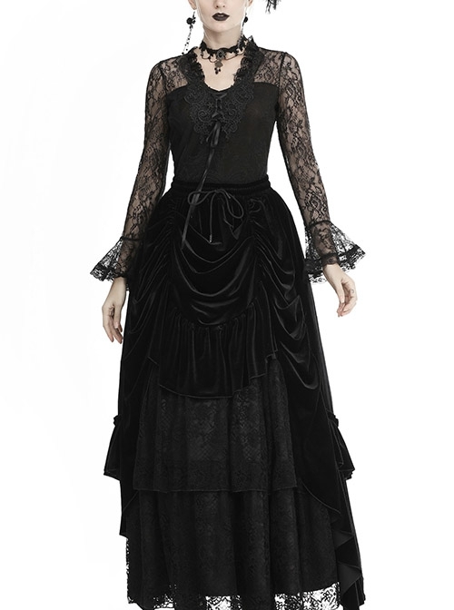 Gothic Queen Ruffle Stitching Lace Elastic Band Design Black Long Velvet Skirt