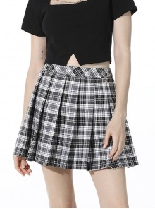 Punk Metal Crescent Decoration Black And White Plaid Pleated Mini Short Skirt