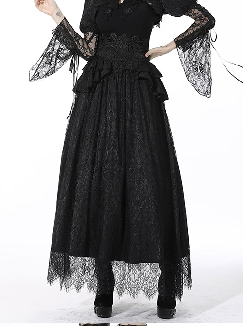 Gothic Luxe Court Jacquard-Lace Decoration Crown-Shaped Lace Design Waist Black Skirt