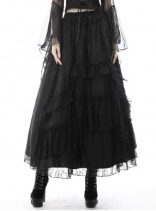 Gothic Elegant Pattern Printing Decoration Elastic Waist Design Frilly Lace Black Long Skirt