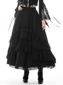 Black Gothic Vintage Elastic Waist Design Multi-Frills Chiffon Long Skirt