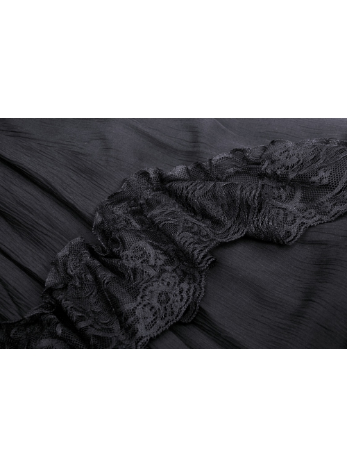 Black Gothic Vintage Elastic Waist Design Multi-Frills Chiffon Long Skirt