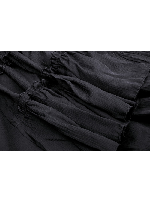 Black Gothic Vintage Elastic Waist Design Multi-Frills Chiffon Long Skirt