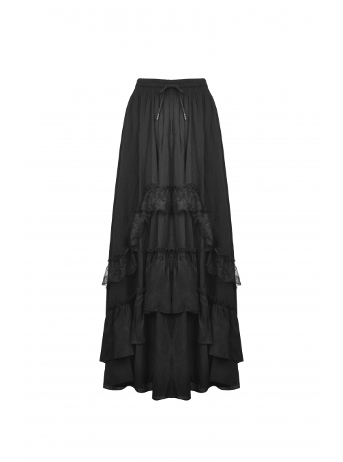 Black Gothic Vintage Elastic Waist Design Multi-Frills Chiffon Long Skirt
