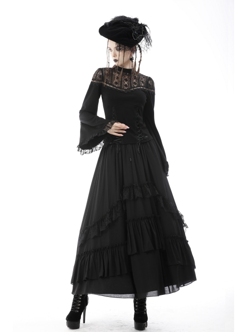 Black Gothic Vintage Elastic Waist Design Multi-Frills Chiffon Long Skirt