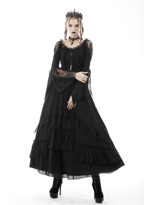 Black Gothic Vintage Elastic Waist Design Multi-Frills Chiffon Long Skirt