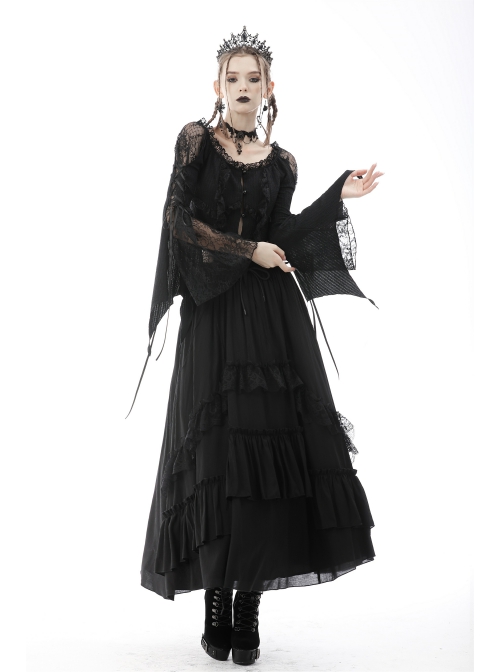 Black Gothic Vintage Elastic Waist Design Multi-Frills Chiffon Long Skirt
