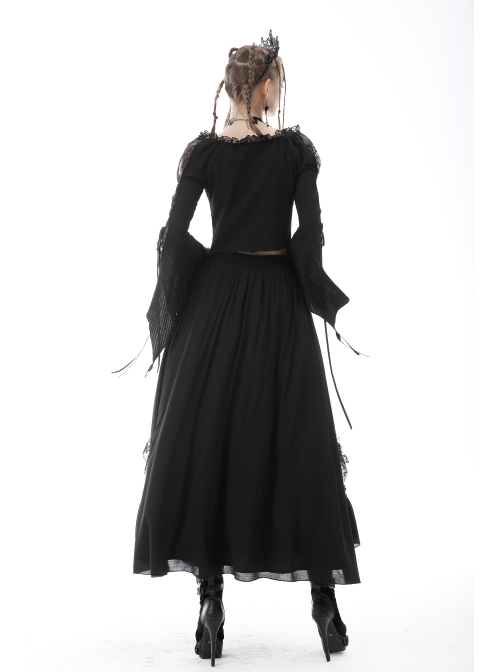 Black Gothic Vintage Elastic Waist Design Multi-Frills Chiffon Long Skirt