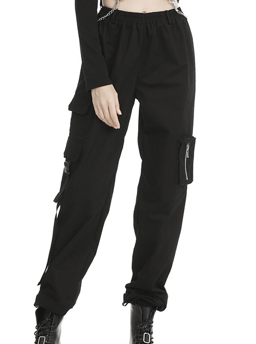 Black Punk Elastic Band Design Side Bag Decoration Loose Trousers