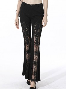Punk Sexy Hollow Out Lace Pattern Decoration Black Bell Trousers