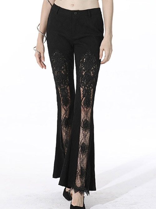 Punk Sexy Hollow Out Lace Pattern Decoration Black Bell Trousers