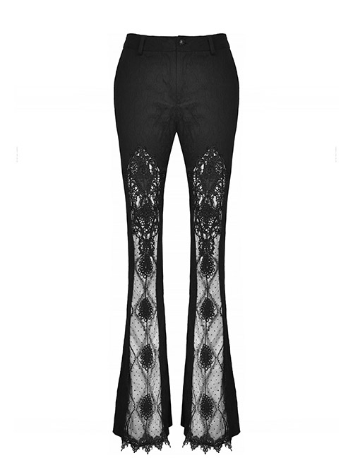 Punk Sexy Hollow Out Lace Pattern Decoration Black Bell Trousers
