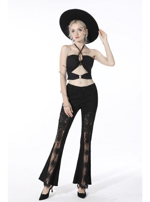 Punk Sexy Hollow Out Lace Pattern Decoration Black Bell Trousers