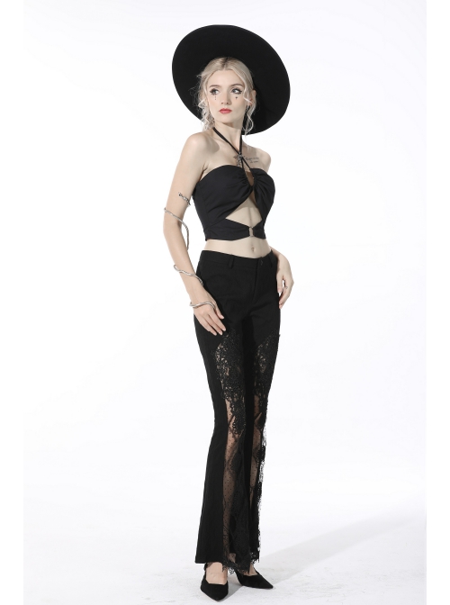 Punk Sexy Hollow Out Lace Pattern Decoration Black Bell Trousers